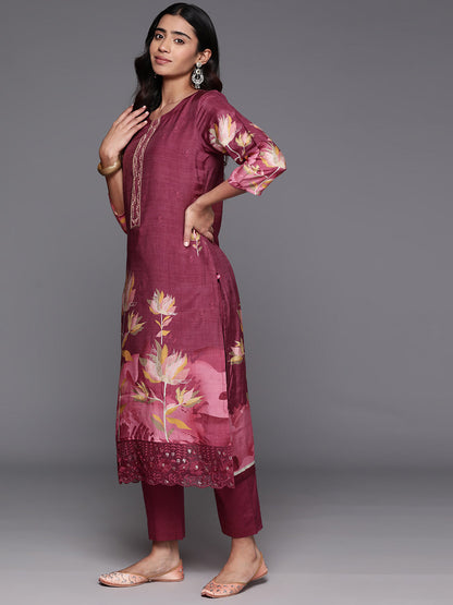 Dhiyona VR Women's Pure Muslin Maroon Floral Printed Kurta Paired With Tonal Bottom And Organza Dupatta