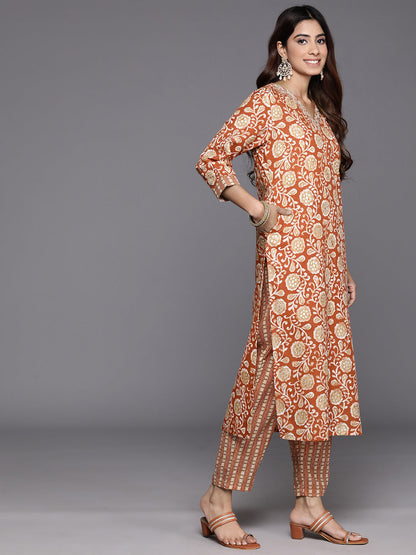 Dhiyona VR Women's Rust Floral Printed Kurta Paired With Bottom & Dupatta