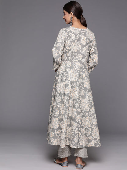 Dhiyona VR Women's Grey Floral Printed Angrakha Style Anarkali Kurta Paired With Printed Bottom