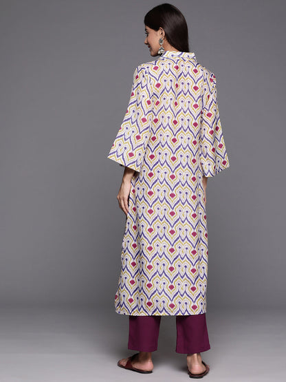 Dhiyona VR Women's Off White Ikat Printed Shirt Collar Straight Kurta Paired With Violet Solid Bottom