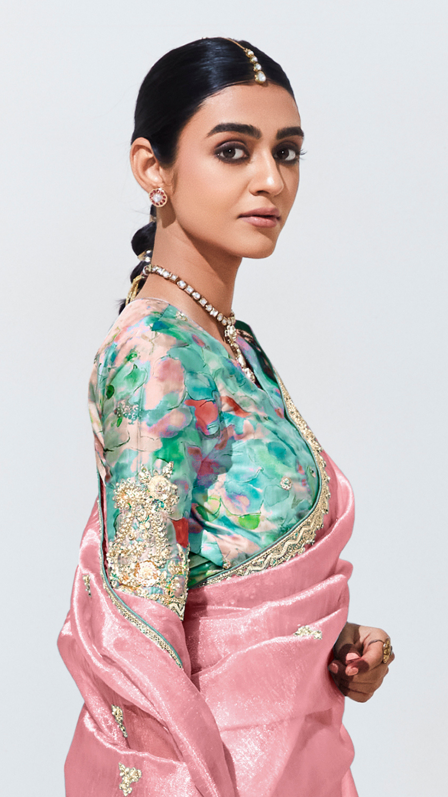 Dhiyona KM Women Peach Elegance “ Pure Silk Saree With Crushed Texture & Multicolor Green Silk Blouse