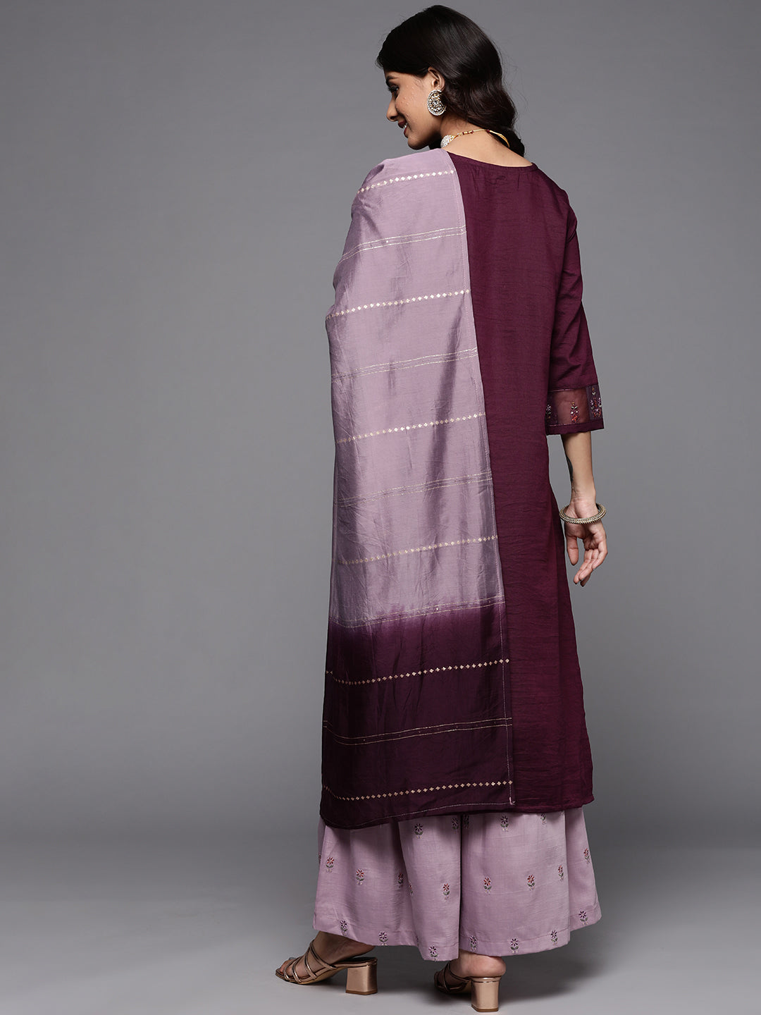 Dhiyona VR Women's Embroidered Kurta Paired With Contrast Color Sharara And Dupatta
