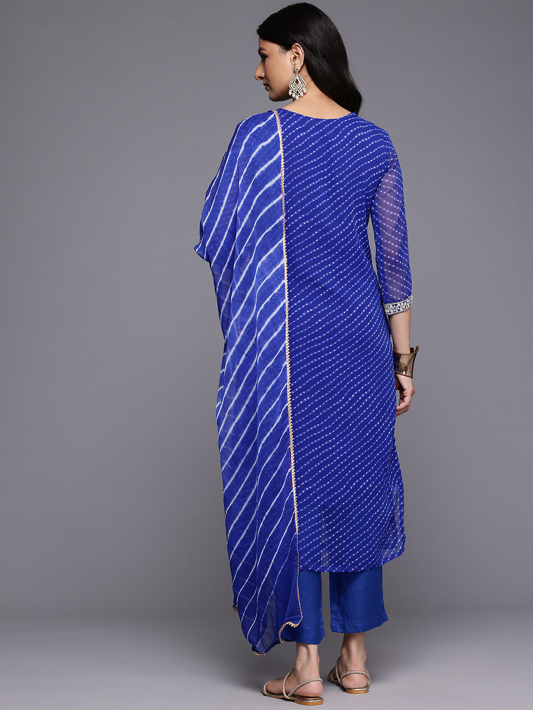 Dhiyona VR Women's Navy Blue Bandhani Zari And Sequins Emboridered Kurta Set With Dupatta