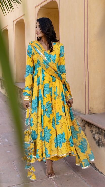 Blue Carnation Muslin Anarkali Set
