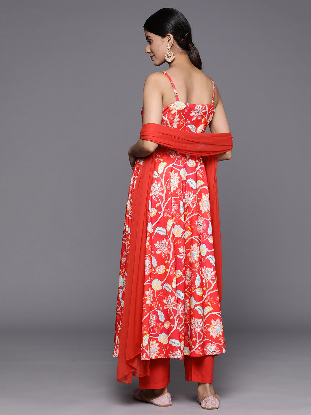 Dhiyona VR Women's Red Floral Printed Anarkali Kurta Paired With Tonal Bottom And Dupatta