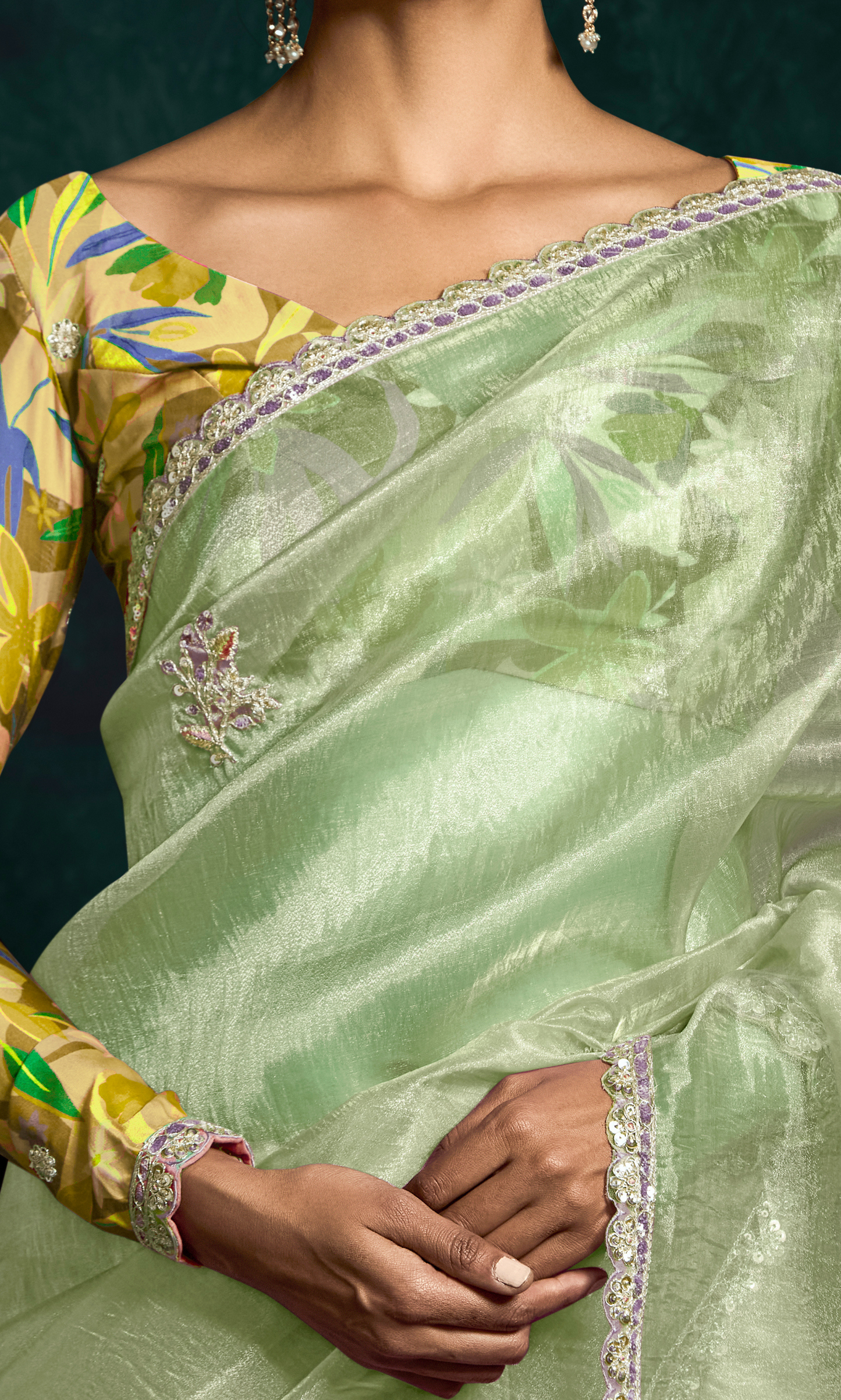 Dhiyona KM Women See Green Designer Organza Saree  “ A Blush Of Elegance
