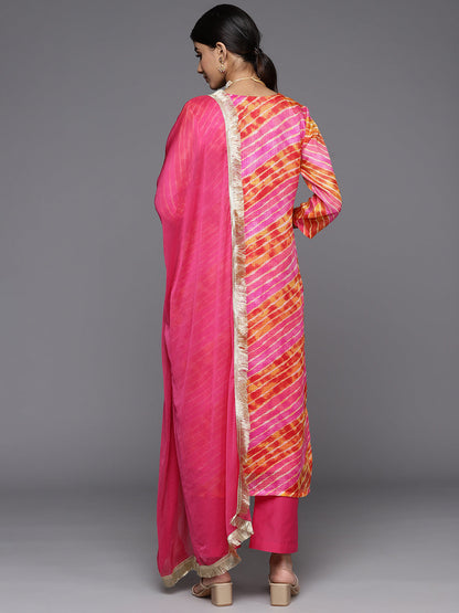 Dhiyona VR Women's Pink And Yellow Lehariya, Gota Embroidered Yoke Straight Kurta Paired With Tonal Bottom And Tonal Dupatta