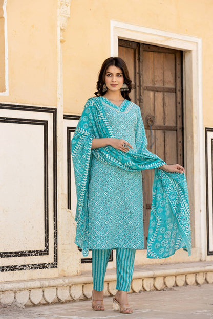 Dhiyona VR Women's Blue V Neck Thread Embroidered Kurta Paired With Printed Bottom And Dupatta