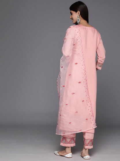 Dhiyona VR Women's Peach Embroidered Straight Kurta Paired With Tonal Bottom And Organza Embroidered Dupatta