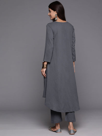 Dhiyona VR Women's Grey Empire Gathered Details A-Line Kurta Paired With Tonal Bottom