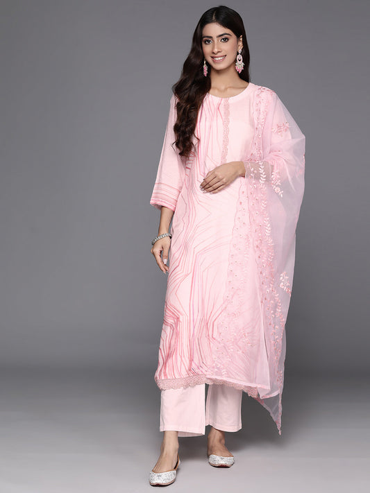 Dhiyona VR Women's Pink Abstract Straight Kurta Paired With Tonal Bottom And Organza Embroidered Dupatta