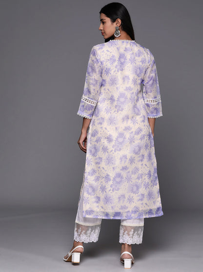 Dhiyona VR Women's Lavender Floral Printed V- Neck Three Quarter Sleeve Straight Kurta