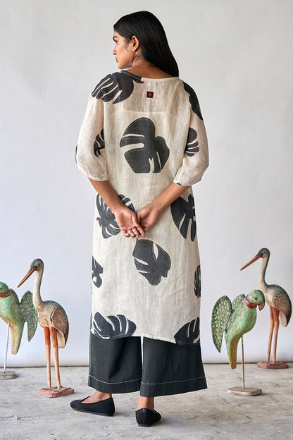 Women's Black and Tofu Leaf Printed Linen Co-ord Set