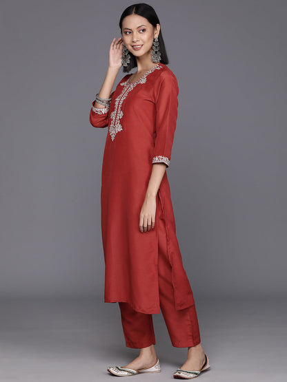 Dhiyona VR Women's Rust Zari Kurta With Solid Trouser And Dupatta Set