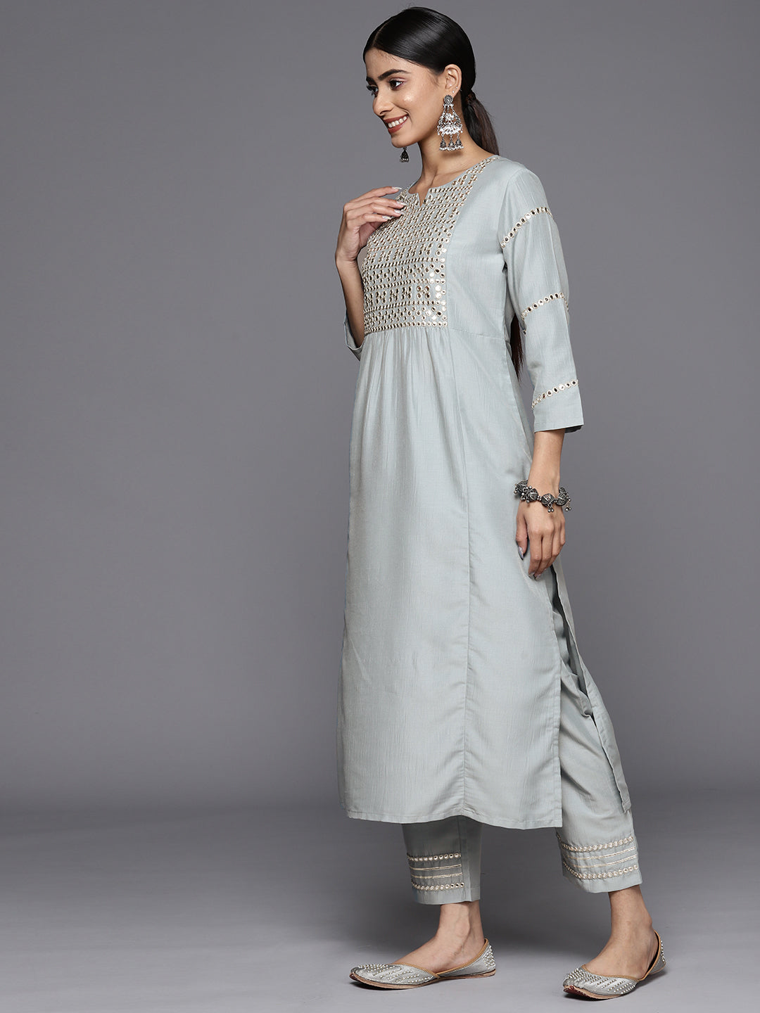 Dhiyona VR Women's Blue Mirror Work Yoke Embroidered Straight Kurta Paired With Tonal Bottom And Tonal Solid Dupatta With Four Side Fringes