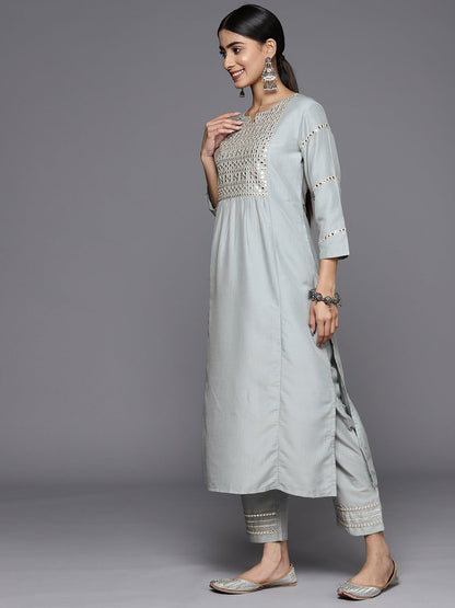Dhiyona VR Women's Blue Mirror Work Yoke Embroidered Straight Kurta Paired With Tonal Bottom And Tonal Solid Dupatta With Four Side Fringes