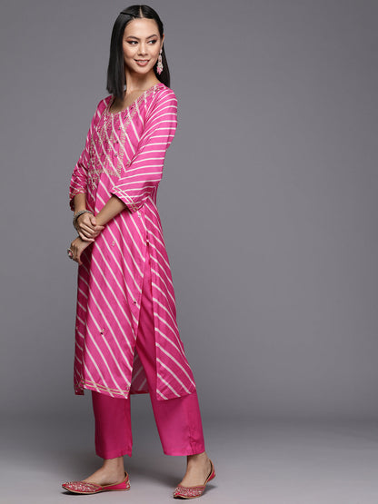 Dhiyona VR Women's Pink Pure Fabric, Lehariya Embroidered Straight Kurta Paired With Tonal Bottom And Dupatta