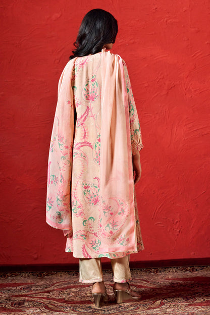 Women's Apricot Illusion Viscose Muslin Jacquard and Pink Print Salwar Suit
