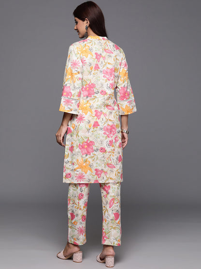 Dhiyona VR Women's Off White Floral Printed Kurta With Bottom