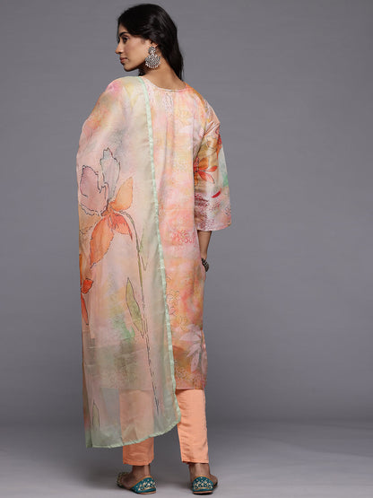 Dhiyona VR Women's Peach Silk Floral Printed Beads And Stones Embellished Kurta Set With Dupatta