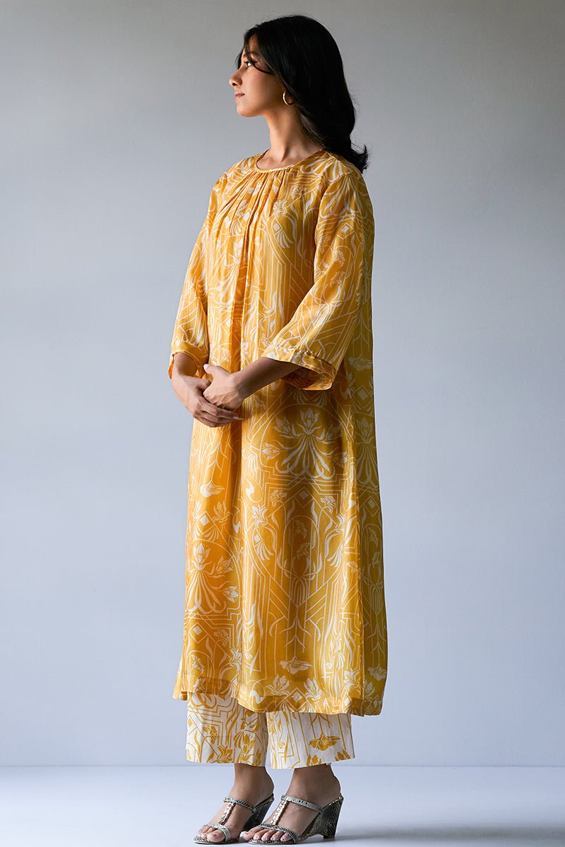 Women's Mustard Yellow and Beige Bemberg Silk Printed Co-ord Set