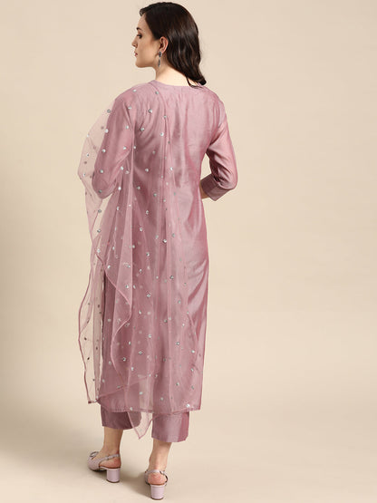 Dhiyona VR Women's Mauve Floral Embroidered Regular Chanderi Silk Kurta With Trousers & With Dupatta