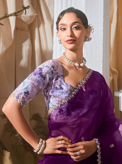 Dhiyona KM Women Purple Designer Organza Saree: Effortless Elegance For Every Occasion
