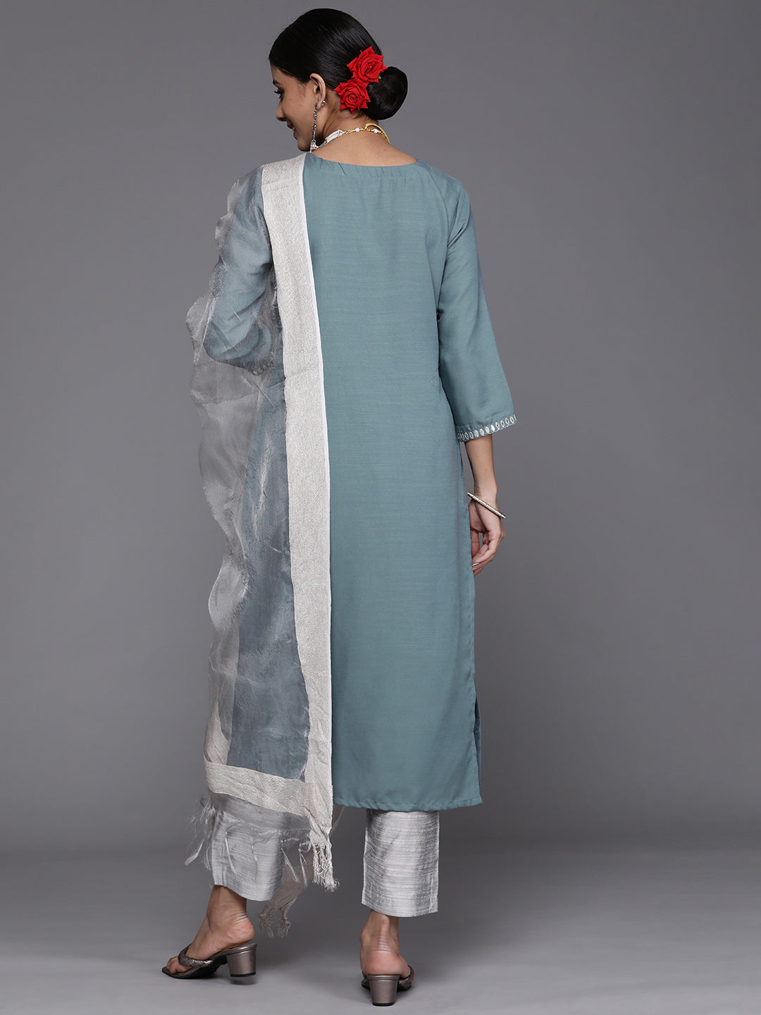 Dhiyona VR Women's Blue & Silver Sequinned Yoke Design Kurta With Trousers & Dupatta