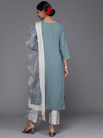 Dhiyona VR Women's Blue & Silver Sequinned Yoke Design Kurta With Trousers & Dupatta
