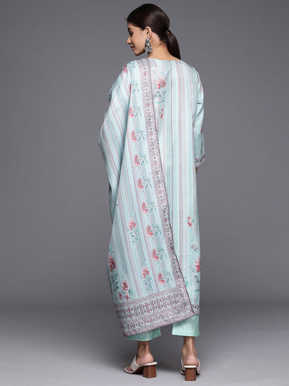 Dhiyona VR Women's Blue Stripe Printed Straight Kurta Paired With Tonal Bottom And Dupatta