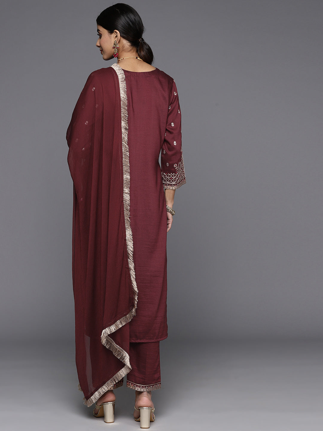 Dhiyona VR Women's Maroon Embroidered Kurta Paired With Tonal Bottom And Dupatta