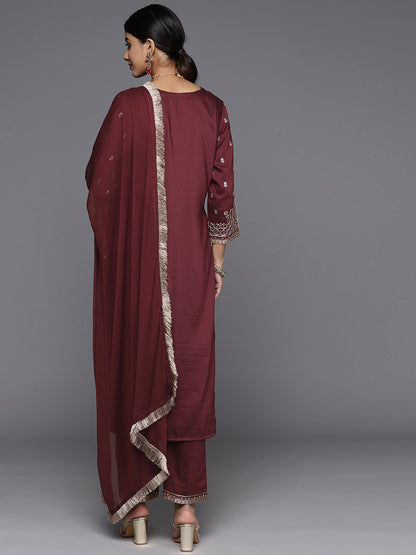Dhiyona VR Women's Maroon Embroidered Kurta Paired With Tonal Bottom And Dupatta