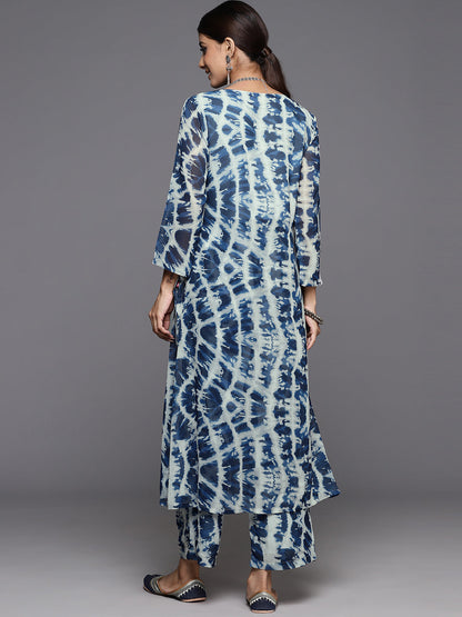 Dhiyona VR Women's Blue Shibori Printed V-Neck A-Line Kurta Paired With Tonal Printed Bottom