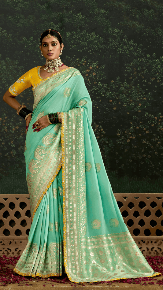 Dhiyona KM Women Sea Green Banarasi Saree With Golden Zari Work