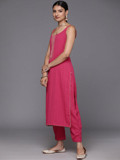 Dhiyona VR Women's Pink Round Neck, Spaghetti Strap Style Straight Kurta Paired With Tonal Bottom And Dupatta