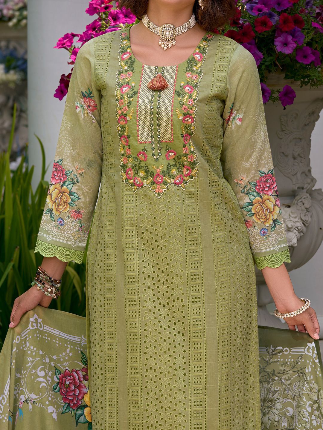 Floral Embroidered Mirror Work Pure Cotton Kurta With Trousers & Dupatta