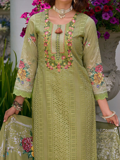 Floral Embroidered Mirror Work Pure Cotton Kurta With Trousers & Dupatta