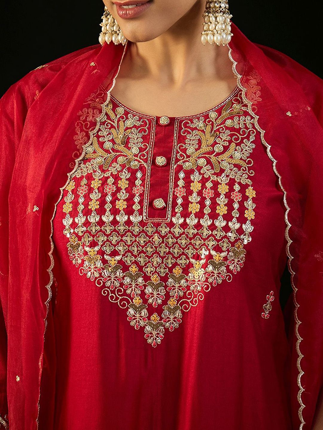 Floral Yoke Design Sequnnied Straight Kurta With Trousers & Dupatta