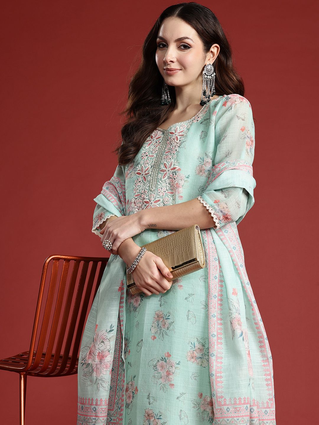 Dhiyona IE Floral Printed Thread Work Linen Kurta with Trousers & With Dupatta