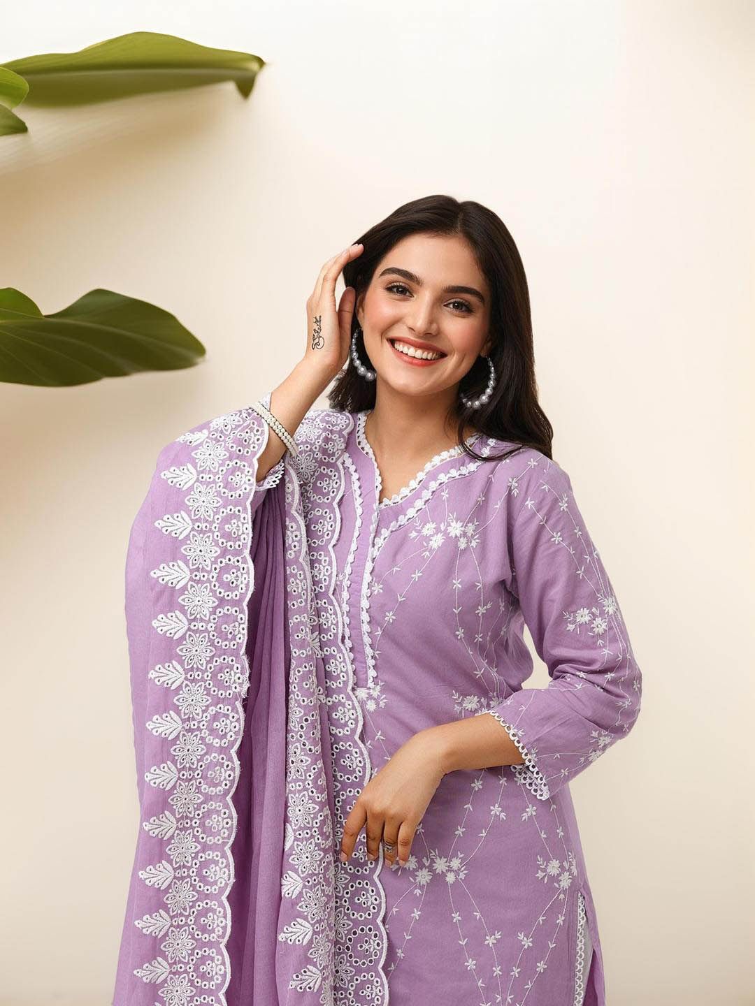 Dhiyona IS Women's Floral Embroidered Pure Cotton Straight Kurta With Trousers & Dupatta