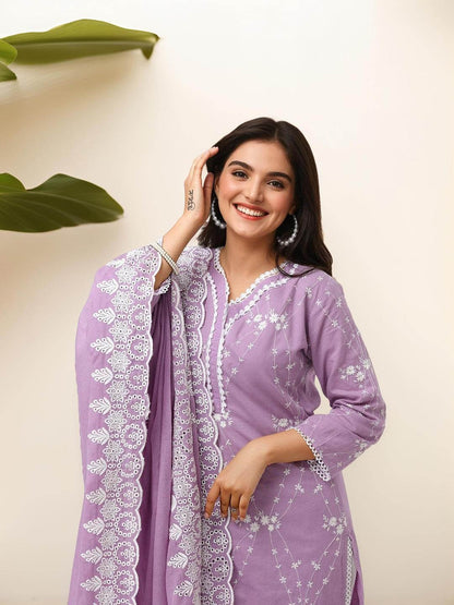 Dhiyona IS Women's Floral Embroidered Pure Cotton Straight Kurta With Trousers & Dupatta