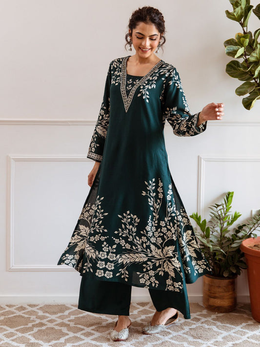 Dhiyona IS Women's Floral Printed V-Neck Three-Quarter Sleeves Regular Kurta With Palazzo