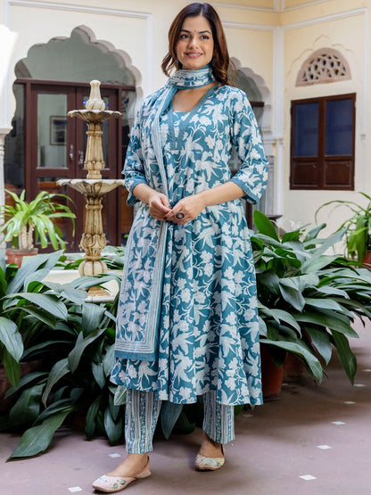 Floral Printed Square Neck Pure Cotton A-Line Kurta With Trousers & Dupatta