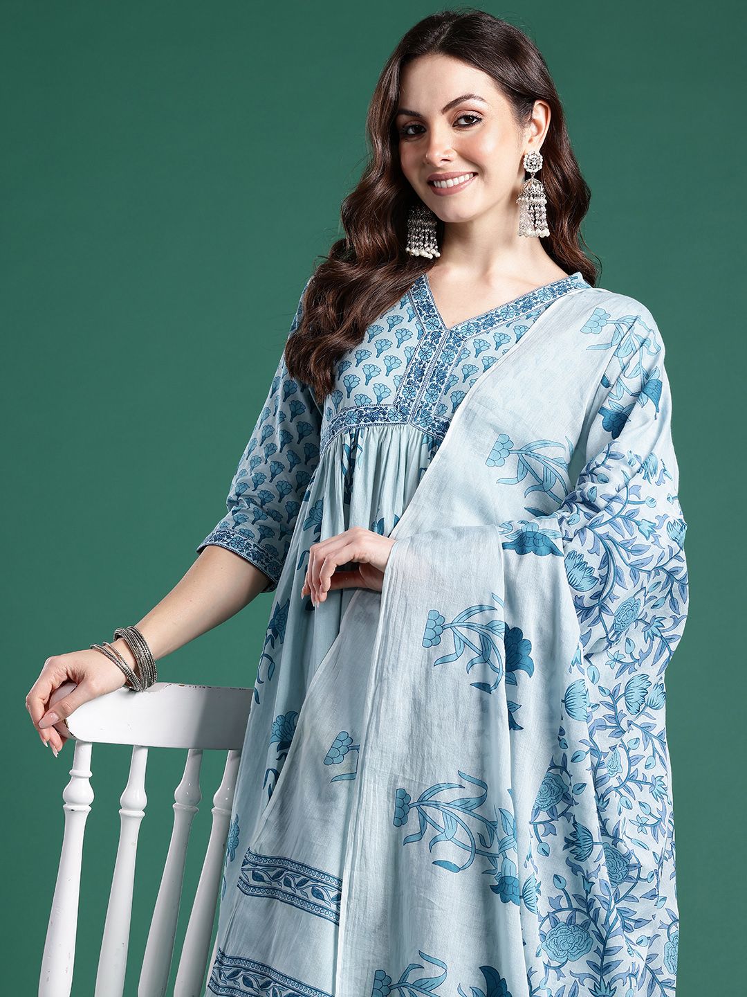 Dhiyona IE Floral Printed Empire Pure Cotton Kurta with Trousers & Dupatta