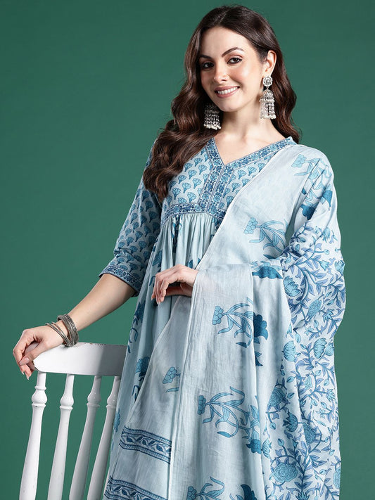 Floral Printed Empire Pure Cotton Kurta with Trousers & Dupatta