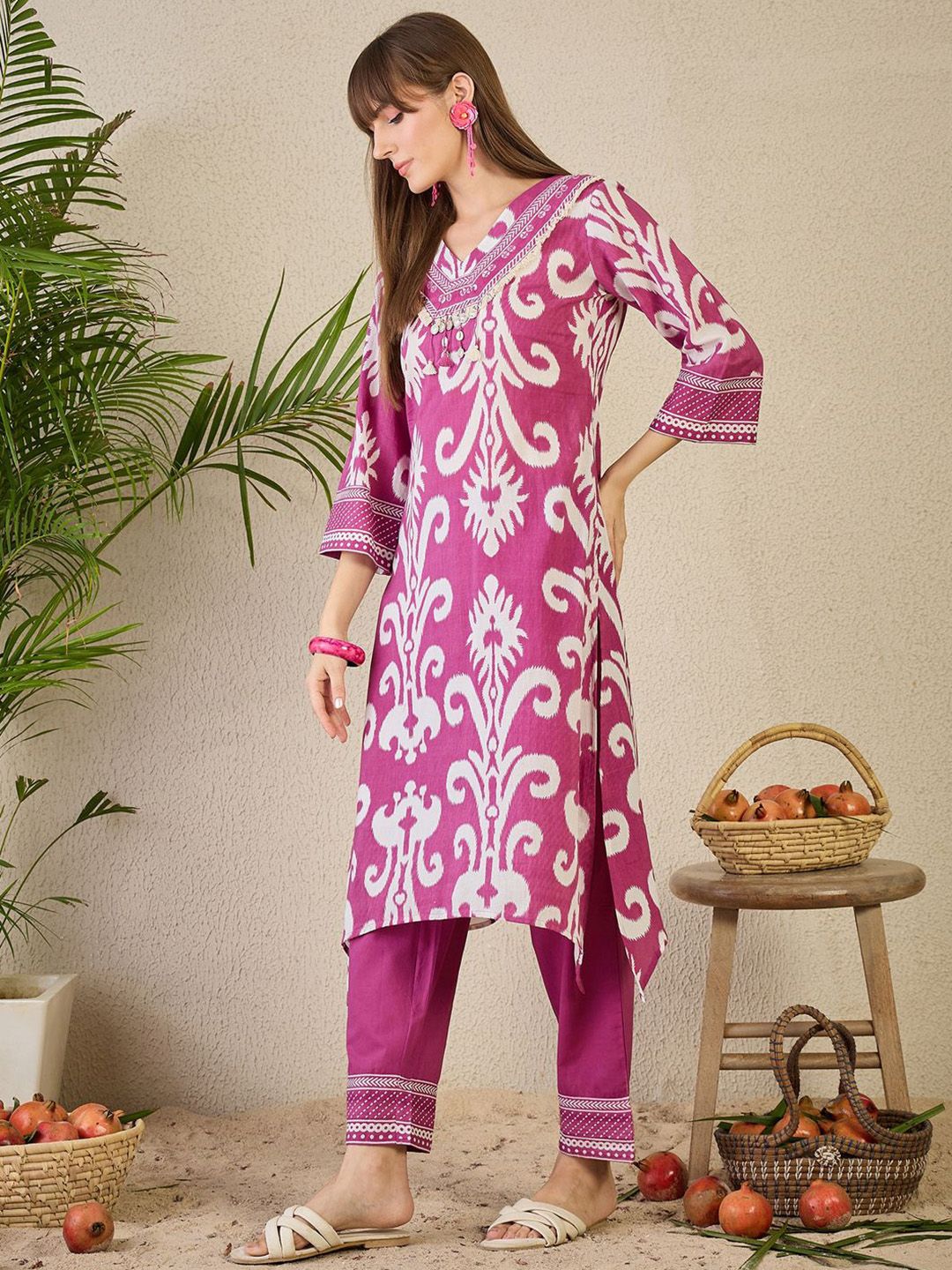Adults-Women Ethnic Motifs Printed Cotton A-Line Kurta with Trousers