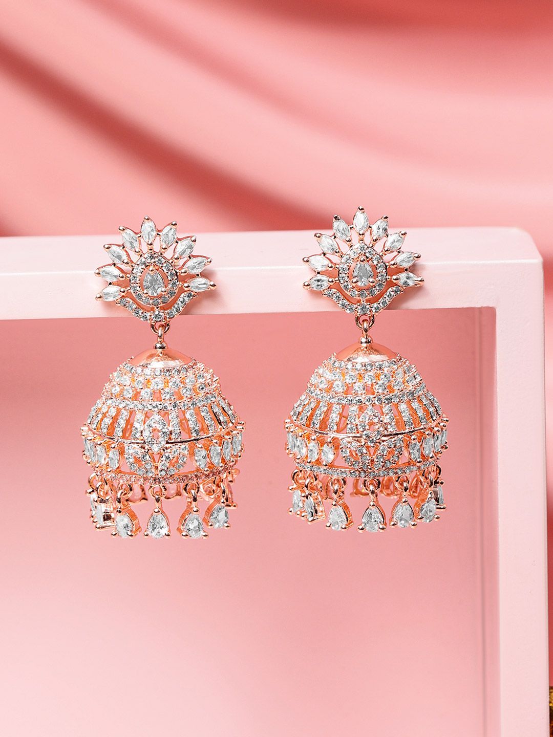 Dhiyona RJ Women's 18K Rose Gold Plated Cubic Zirconia Studded Dome Shaped Statement Jhumka