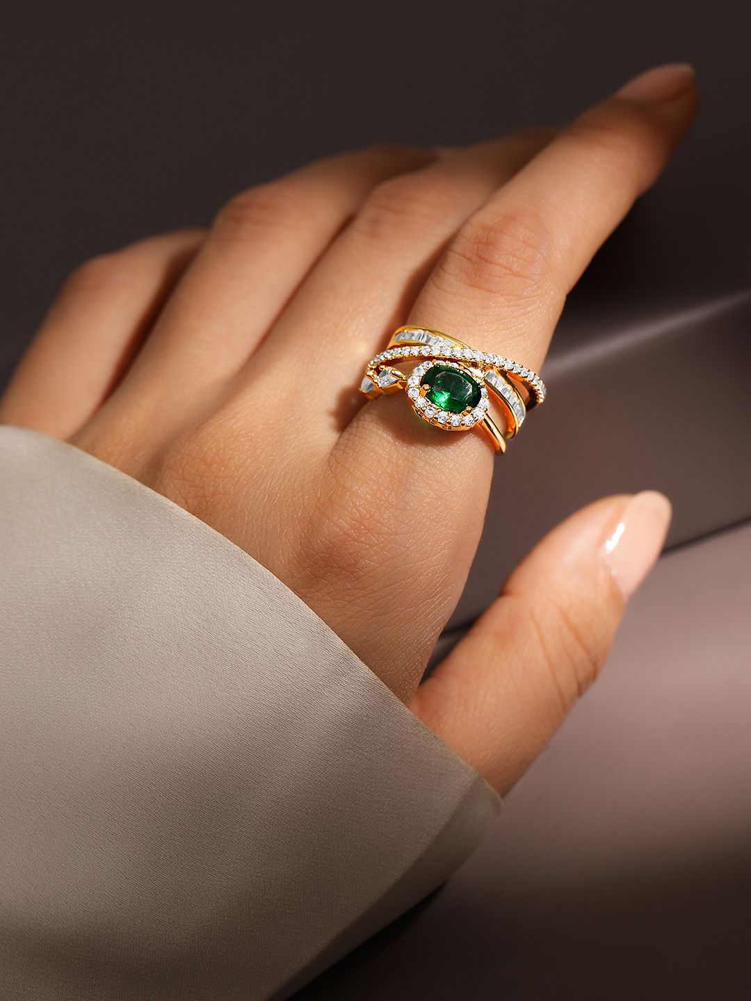 Dhiyona RJ Women's 18K Gold Plated Emerald Green & Cubic Zirconia Studded Adjustable Statement Ring