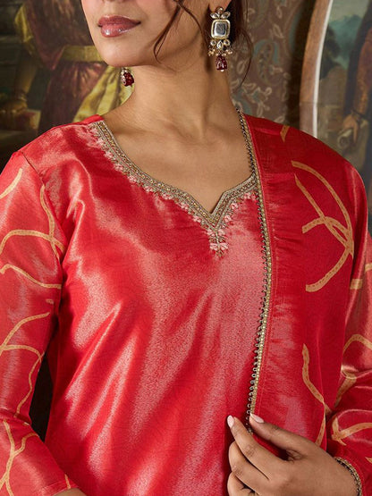 Dhiyona IE Floral Printed V-Neck Sequinned Straight Kurta With Trousers And Dupatta