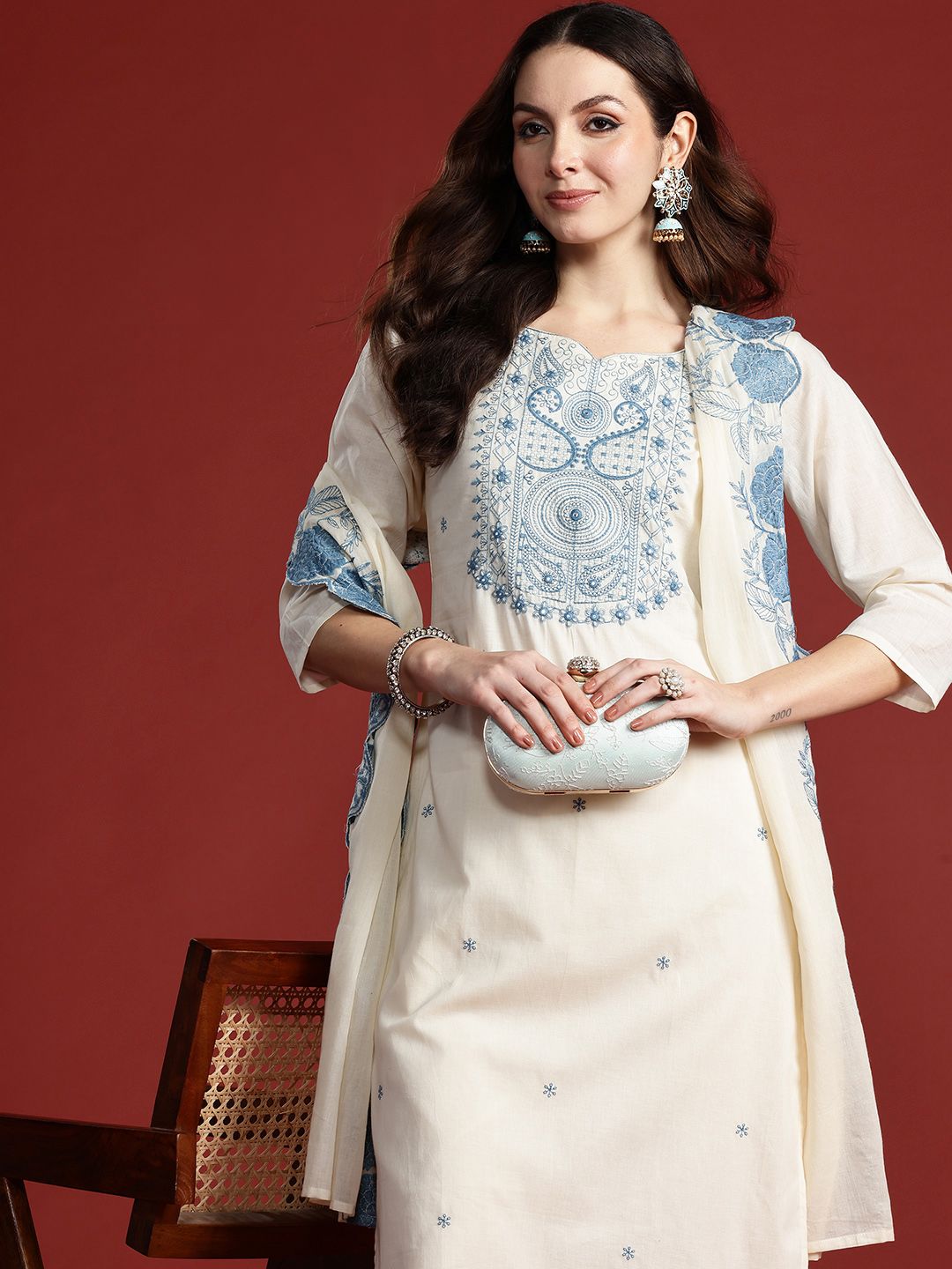 Dhiyona IE Paisley Embroidered Thread Work Pure Cotton Kurta with Trousers & With Dupatta